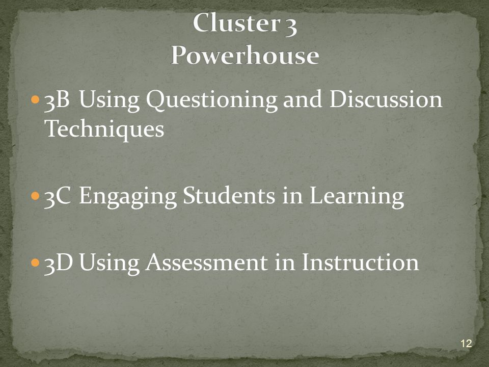 3BUsing Questioning and Discussion Techniques 3CEngaging Students in Learning 3DUsing Assessment in Instruction 12