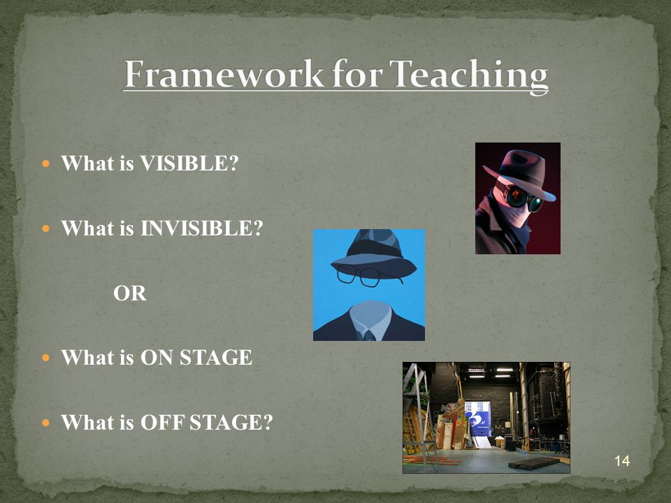 What is VISIBLE What is INVISIBLE OR What is ON STAGE What is OFF STAGE 14