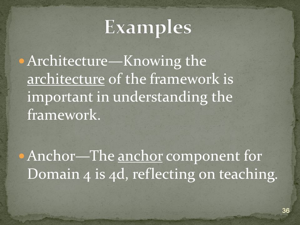 Architecture—Knowing the architecture of the framework is important in understanding the framework.