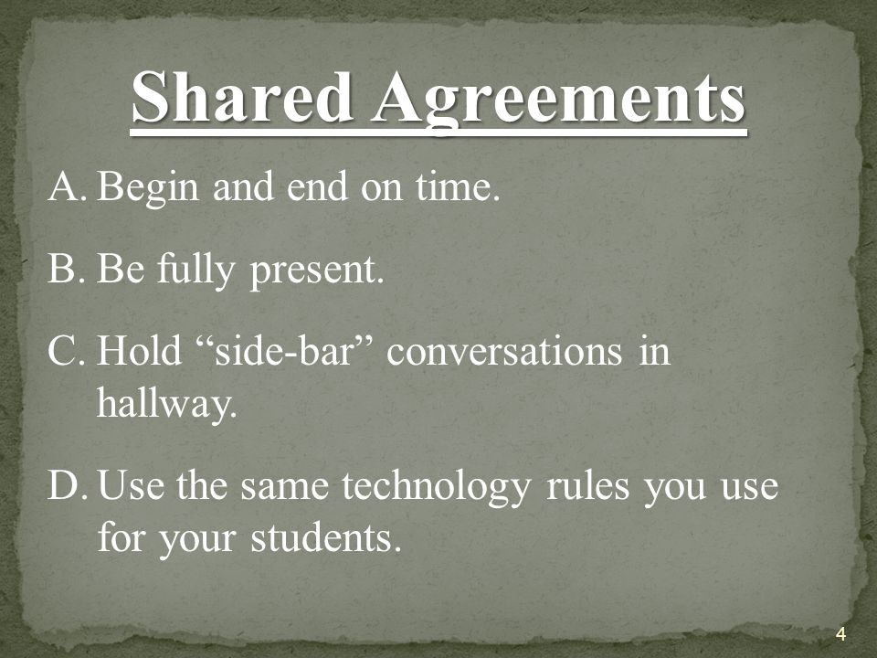 Shared Agreements A.Begin and end on time. B.Be fully present.