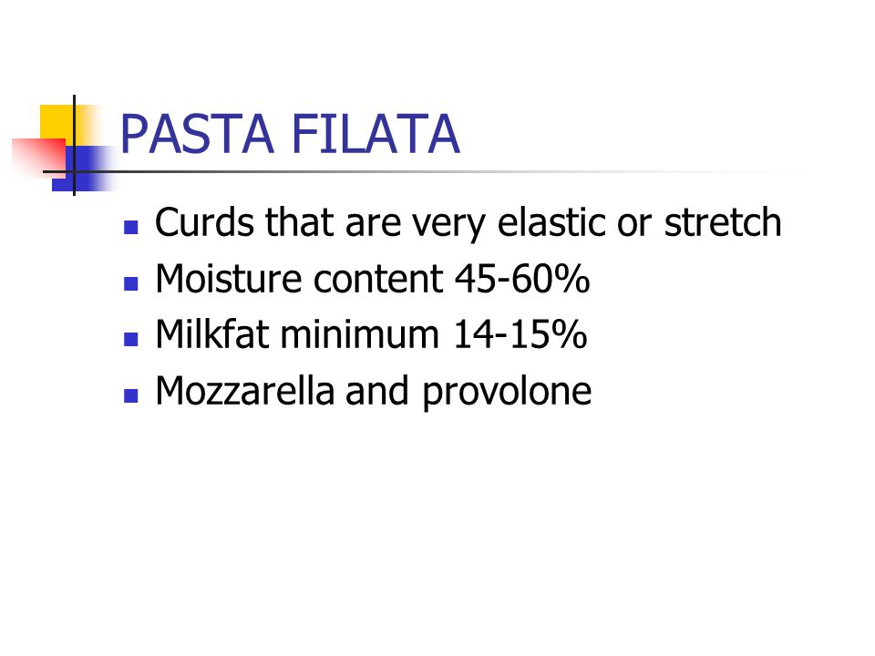 PASTA FILATA Curds that are very elastic or stretch Moisture content 45-60% Milkfat minimum 14-15% Mozzarella and provolone