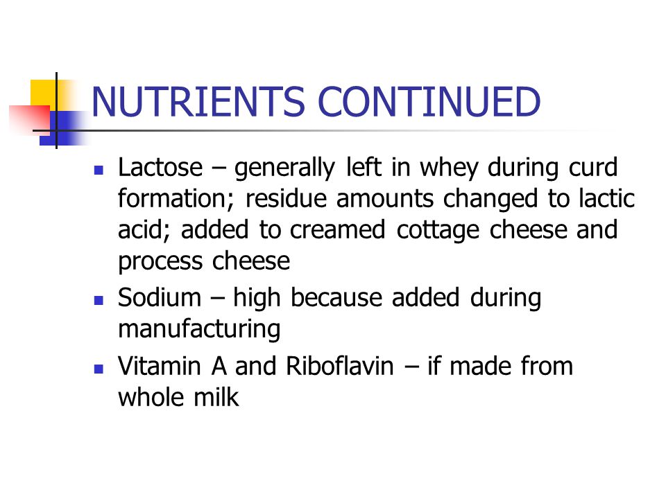 NUTRIENTS CONTINUED Lactose – generally left in whey during curd formation; residue amounts changed to lactic acid; added to creamed cottage cheese and process cheese Sodium – high because added during manufacturing Vitamin A and Riboflavin – if made from whole milk