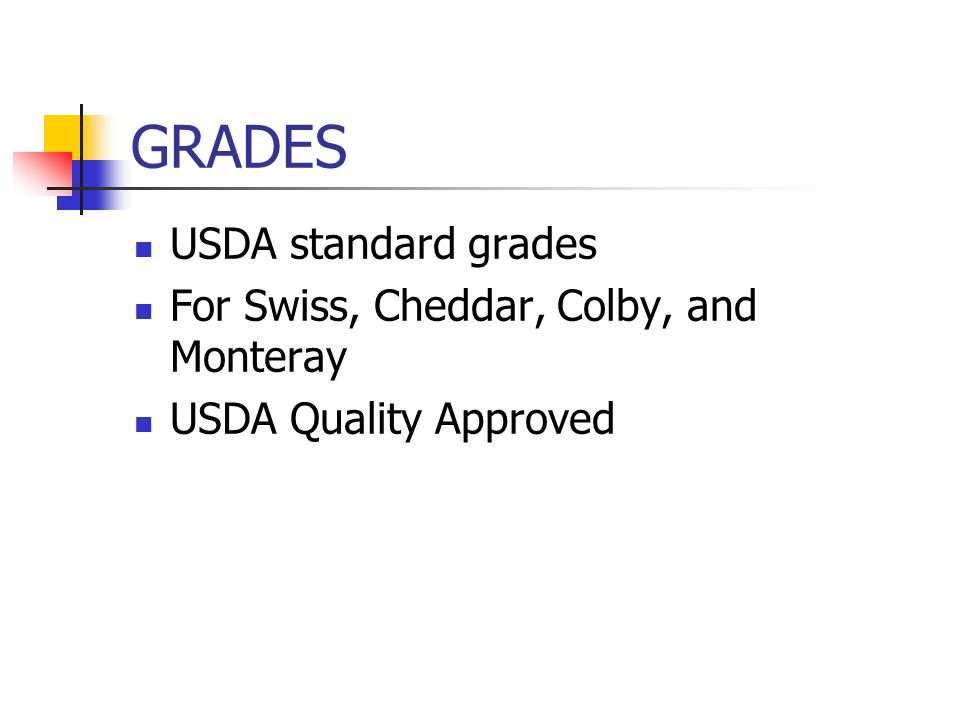 GRADES USDA standard grades For Swiss, Cheddar, Colby, and Monteray USDA Quality Approved