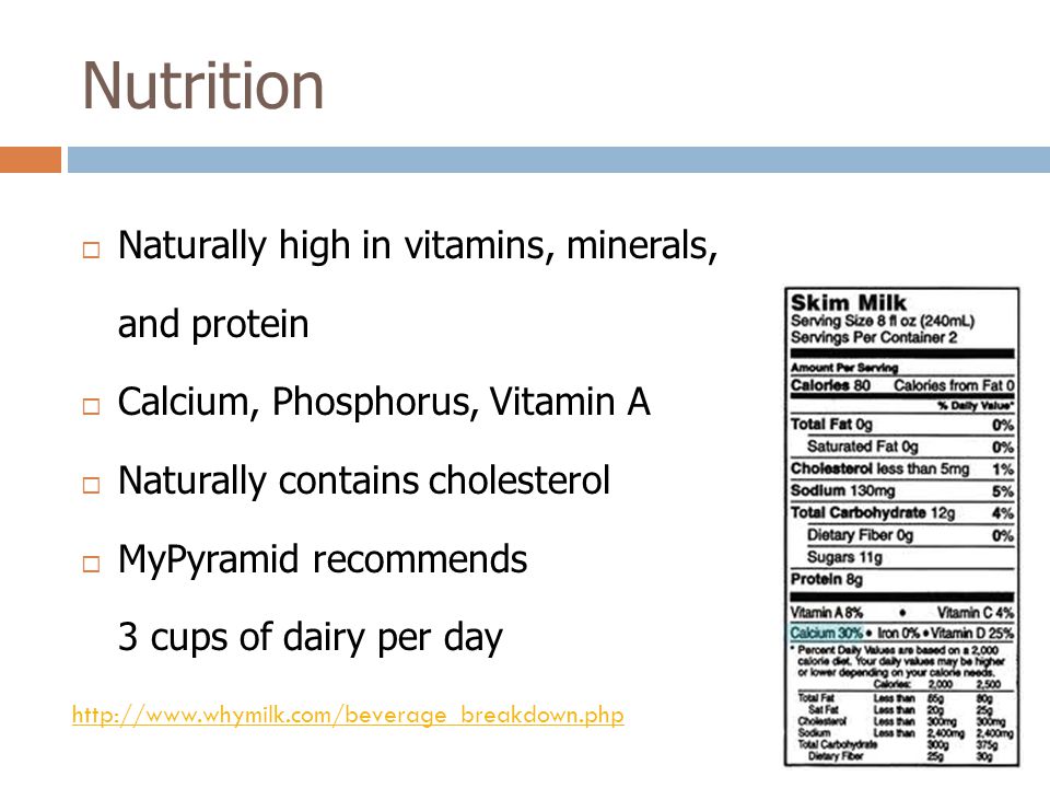 Nutrition  Naturally high in vitamins, minerals, and protein  Calcium, Phosphorus, Vitamin A  Naturally contains cholesterol  MyPyramid recommends 3 cups of dairy per day