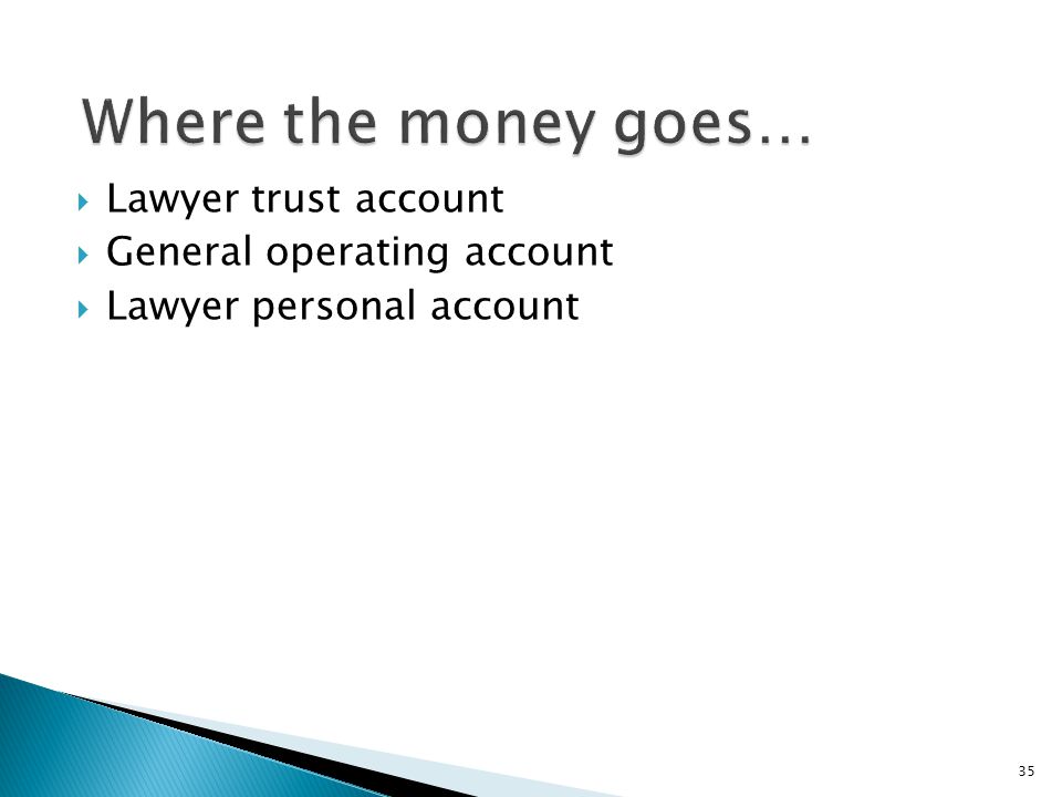  Lawyer trust account  General operating account  Lawyer personal account 35