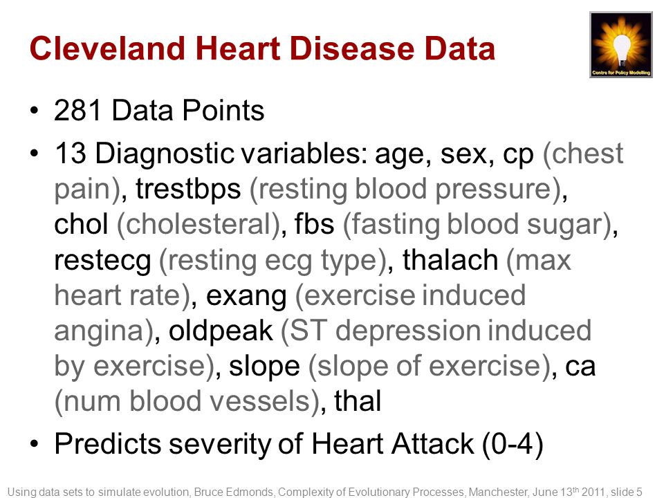 Cleveland Heart Disease Data 281 Data Points 13 Diagnostic variables: age, sex, cp (chest pain), trestbps (resting blood pressure), chol (cholesteral), fbs (fasting blood sugar), restecg (resting ecg type), thalach (max heart rate), exang (exercise induced angina), oldpeak (ST depression induced by exercise), slope (slope of exercise), ca (num blood vessels), thal Predicts severity of Heart Attack (0-4) Using data sets to simulate evolution, Bruce Edmonds, Complexity of Evolutionary Processes, Manchester, June 13 th 2011, slide 5