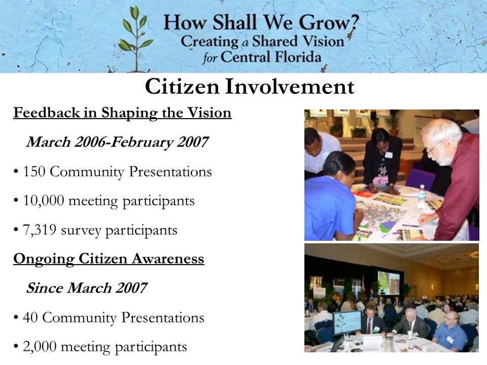 Citizen Involvement Feedback in Shaping the Vision March 2006-February Community Presentations 10,000 meeting participants 7,319 survey participants Ongoing Citizen Awareness Since March Community Presentations 2,000 meeting participants