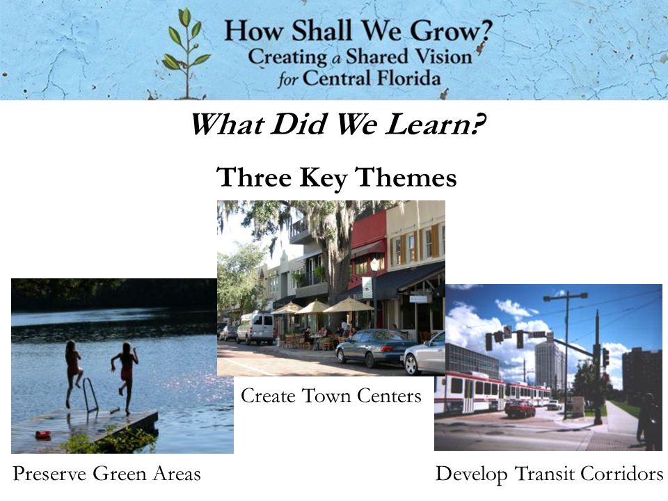 Three Key Themes Preserve Green Areas Create Town Centers Develop Transit Corridors What Did We Learn