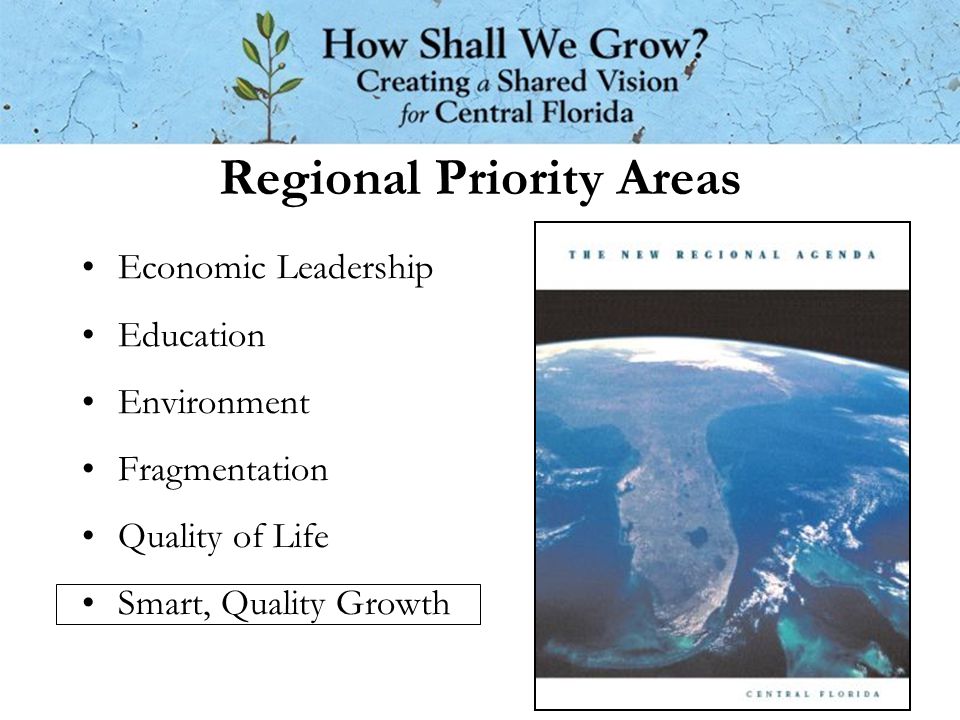 Regional Priority Areas Economic Leadership Education Environment Fragmentation Quality of Life Smart, Quality Growth