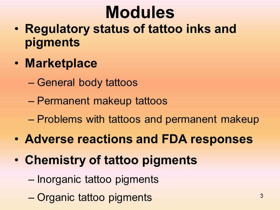 3 Modules Regulatory status of tattoo inks and pigments Marketplace –General body tattoos –Permanent makeup tattoos –Problems with tattoos and permanent makeup Adverse reactions and FDA responses Chemistry of tattoo pigments –Inorganic tattoo pigments –Organic tattoo pigments