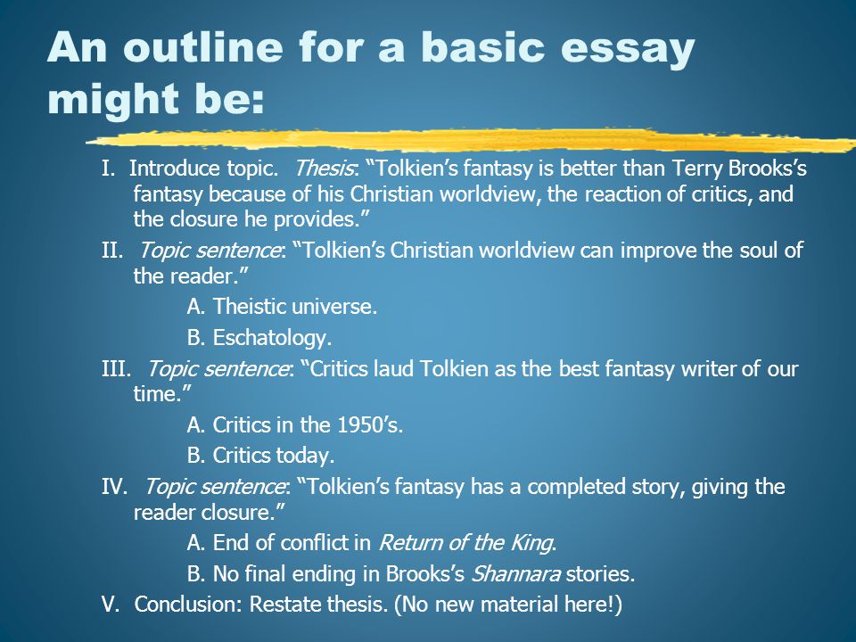 An outline for a basic essay might be: I. Introduce topic.