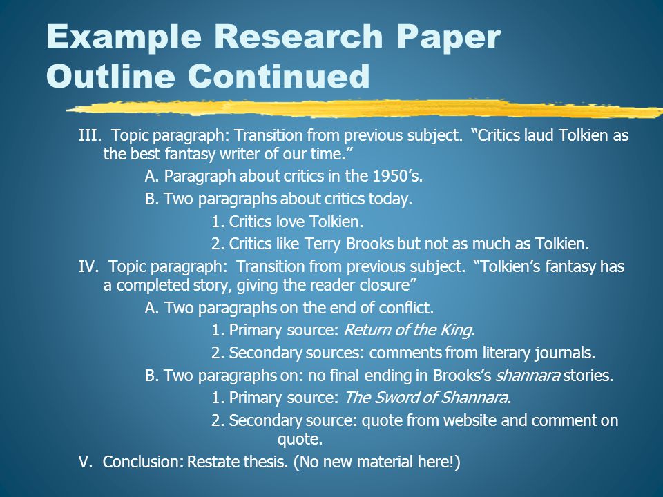 Example Research Paper Outline Continued III. Topic paragraph: Transition from previous subject.