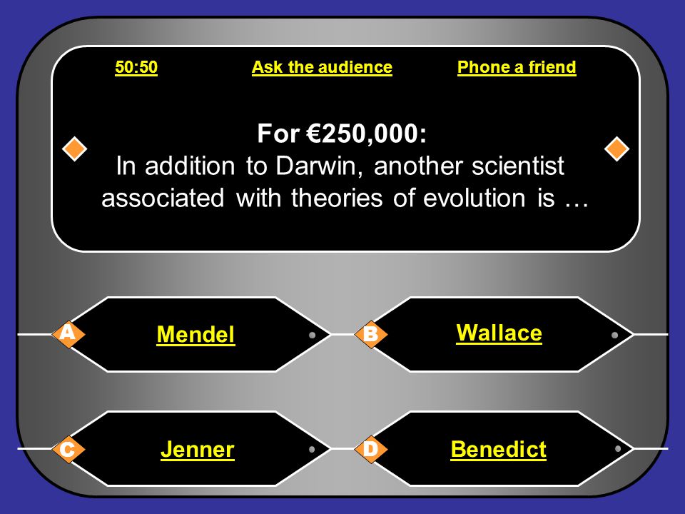 Phone a friend Hello, it s Chris Tarrant on Who wants to be a millionaire, this question is for €125,000.