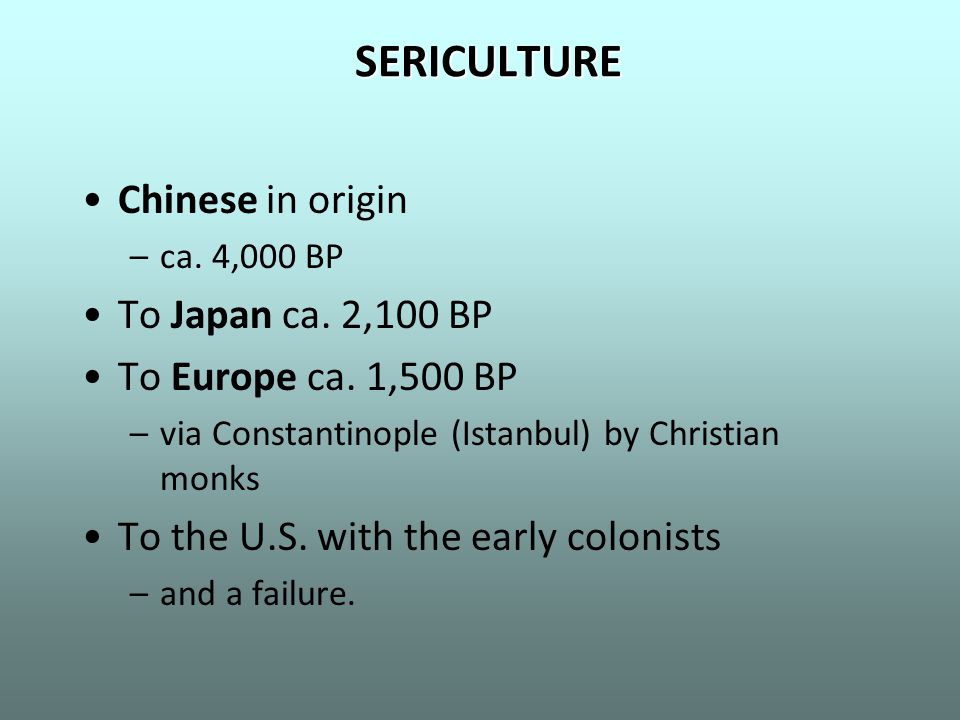 SERICULTURE Chinese in origin –ca. 4,000 BP To Japan ca.