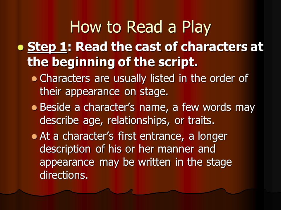 Actor – person who plays the role of a character Actor – person who plays the role of a character Role – character in a play; part Role – character in a play; part Playwright – the writer of a play Playwright – the writer of a play