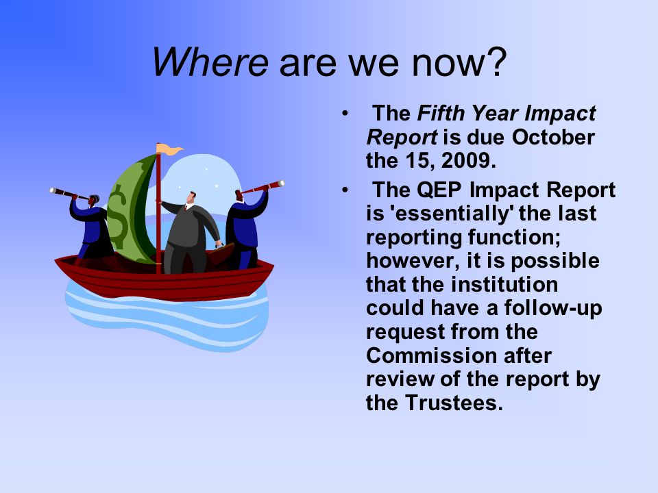 Where are we now. The Fifth Year Impact Report is due October the 15,