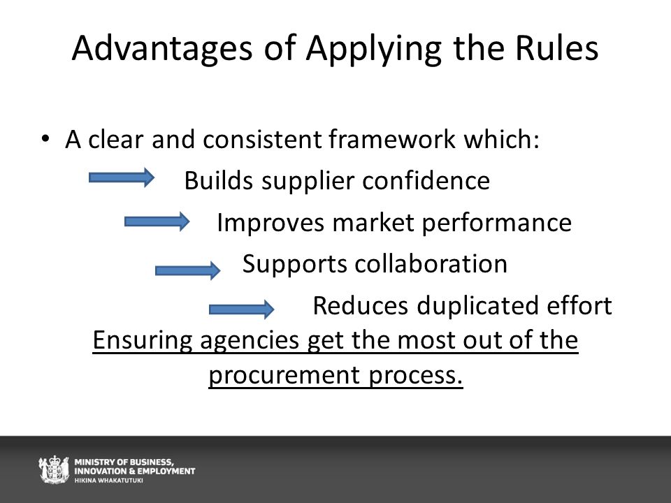 Advantages of Applying the Rules A clear and consistent framework which: Builds supplier confidence Improves market performance Supports collaboration Reduces duplicated effort Ensuring agencies get the most out of the procurement process.
