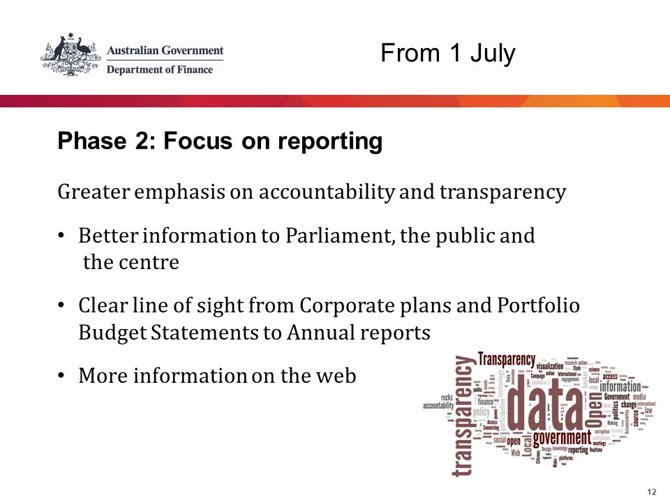 12 Phase 2: Focus on reporting Greater emphasis on accountability and transparency Better information to Parliament, the public and the centre Clear line of sight from Corporate plans and Portfolio Budget Statements to Annual reports More information on the web From 1 July