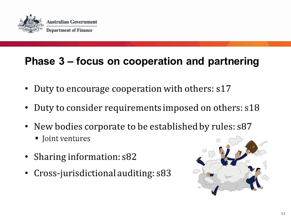 13 Phase 3 – focus on cooperation and partnering Duty to encourage cooperation with others: s17 Duty to consider requirements imposed on others: s18 New bodies corporate to be established by rules: s87  Joint ventures Sharing information: s82 Cross-jurisdictional auditing: s83