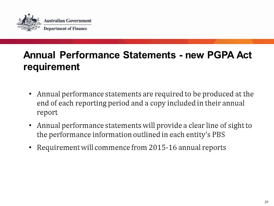 20 Annual Performance Statements - new PGPA Act requirement Annual performance statements are required to be produced at the end of each reporting period and a copy included in their annual report Annual performance statements will provide a clear line of sight to the performance information outlined in each entity’s PBS Requirement will commence from annual reports