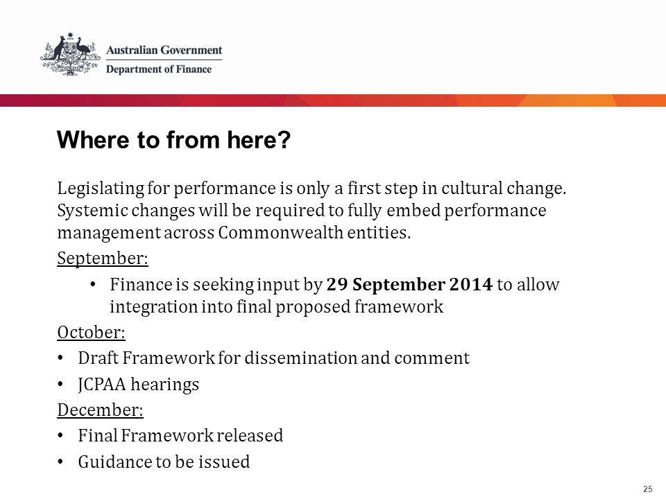 25 Where to from here. Legislating for performance is only a first step in cultural change.