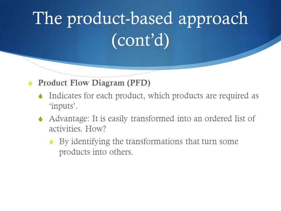 The product-based approach (cont’d)  Product Flow Diagram (PFD)  Indicates for each product, which products are required as ‘inputs’.