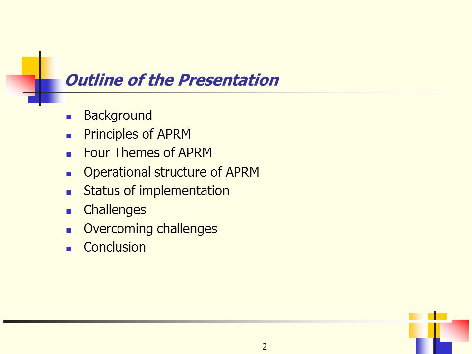 Outline of the Presentation Background Principles of APRM Four Themes of APRM Operational structure of APRM Status of implementation Challenges Overcoming challenges Conclusion 2