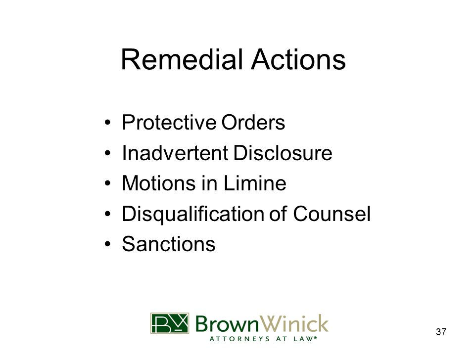37 Remedial Actions Protective Orders Inadvertent Disclosure Motions in Limine Disqualification of Counsel Sanctions