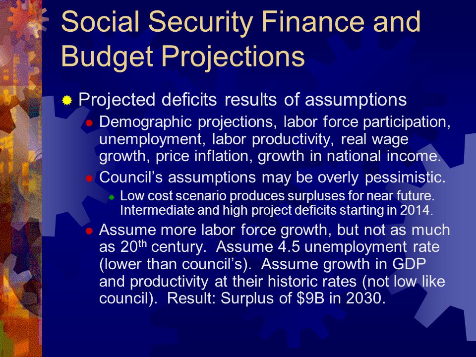 Social Security Finance and Budget Projections  Projected deficits results of assumptions  Demographic projections, labor force participation, unemployment, labor productivity, real wage growth, price inflation, growth in national income.