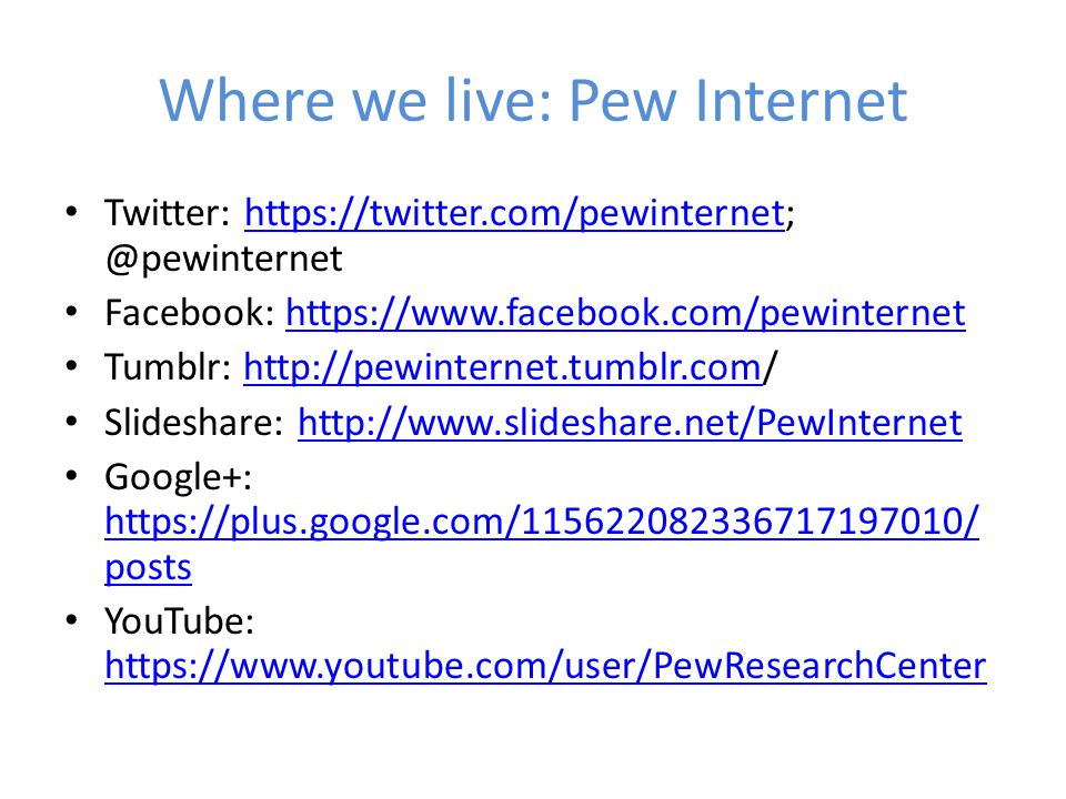 Where we live: Pew Internet Twitter: Facebook:   Tumblr:   Slideshare:   Google+:   posts   posts YouTube: