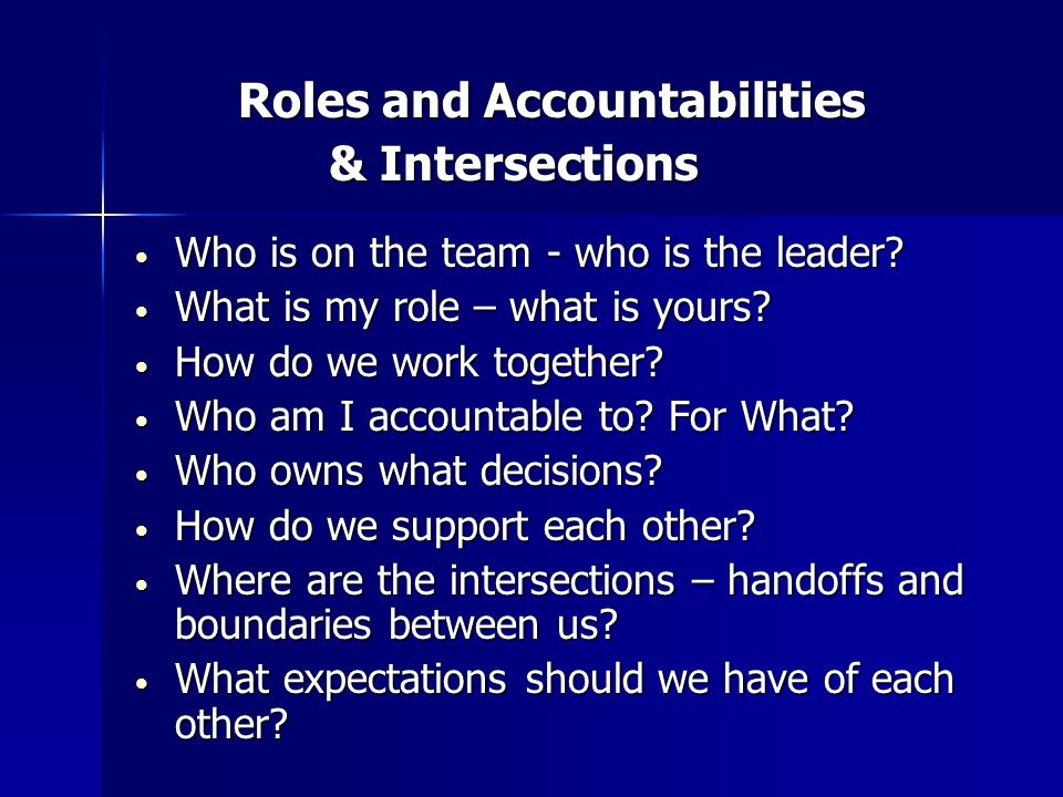 Roles and Accountabilities Roles and Accountabilities & Intersections & Intersections Who is on the team - who is the leader.