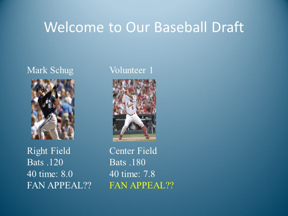 Welcome to Our Baseball Draft Mark Schug Right Field Bats time: 8.0 FAN APPEAL .