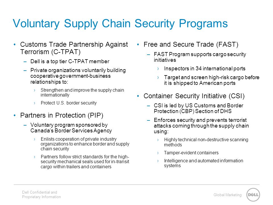 Global Marketing Voluntary Supply Chain Security Programs Free and Secure Trade (FAST) –FAST Program supports cargo security initiatives ›Inspectors in 34 international ports ›Target and screen high-risk cargo before it is shipped to American ports Container Security Initiative (CSI) –CSI is led by US Customs and Border Protection (CBP) Section of DHS –Enforces security and prevents terrorist attacks coming through the supply chain using: ›Highly technical non-destructive scanning methods ›Tamper-evident containers ›Intelligence and automated information systems Customs Trade Partnership Against Terrorism (C-TPAT) –Dell is a top tier C-TPAT member –Private organizations voluntarily building cooperative government-business relationships to: ›Strengthen and improve the supply chain internationally ›Protect U.S.