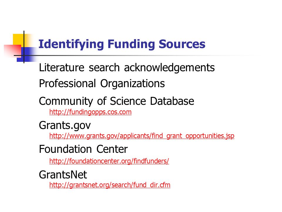 Literature search acknowledgements Professional Organizations Community of Science Database     Grants.gov     Foundation Center   GrantsNet   Identifying Funding Sources