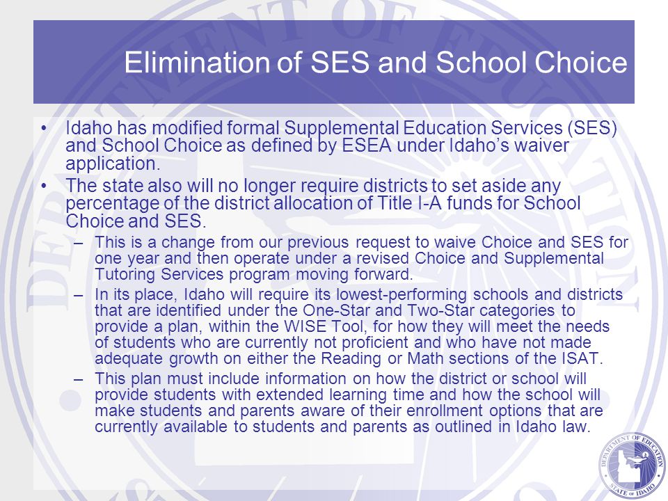 Elimination of SES and School Choice Idaho has modified formal Supplemental Education Services (SES) and School Choice as defined by ESEA under Idaho’s waiver application.