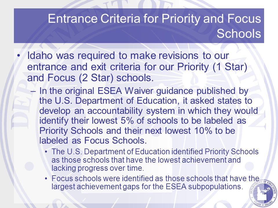 Entrance Criteria for Priority and Focus Schools Idaho was required to make revisions to our entrance and exit criteria for our Priority (1 Star) and Focus (2 Star) schools.