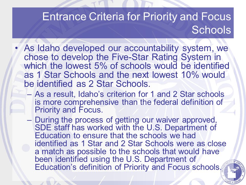 Entrance Criteria for Priority and Focus Schools As Idaho developed our accountability system, we chose to develop the Five-Star Rating System in which the lowest 5% of schools would be identified as 1 Star Schools and the next lowest 10% would be identified as 2 Star Schools.
