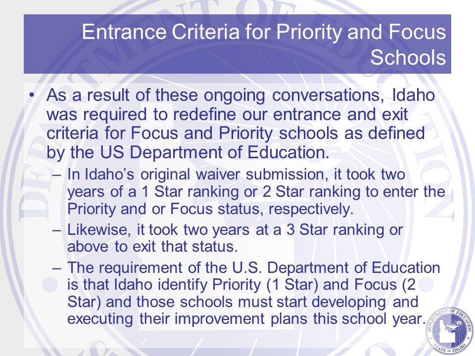 Entrance Criteria for Priority and Focus Schools As a result of these ongoing conversations, Idaho was required to redefine our entrance and exit criteria for Focus and Priority schools as defined by the US Department of Education.