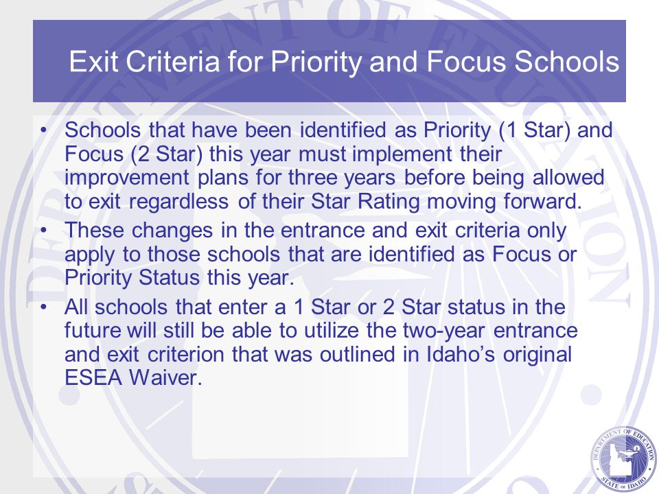 Exit Criteria for Priority and Focus Schools Schools that have been identified as Priority (1 Star) and Focus (2 Star) this year must implement their improvement plans for three years before being allowed to exit regardless of their Star Rating moving forward.