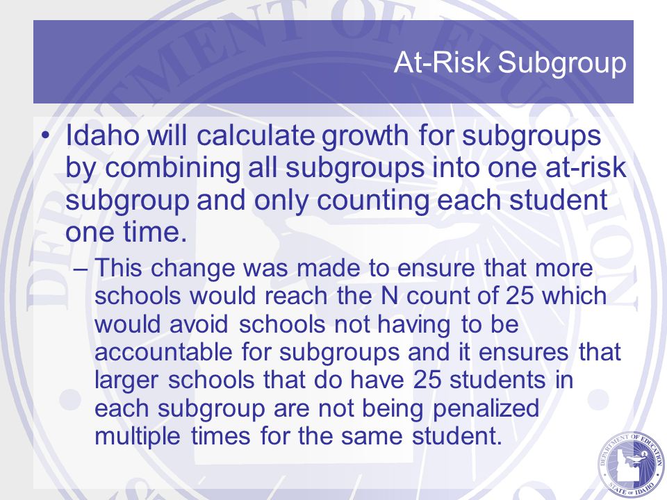 At-Risk Subgroup Idaho will calculate growth for subgroups by combining all subgroups into one at-risk subgroup and only counting each student one time.