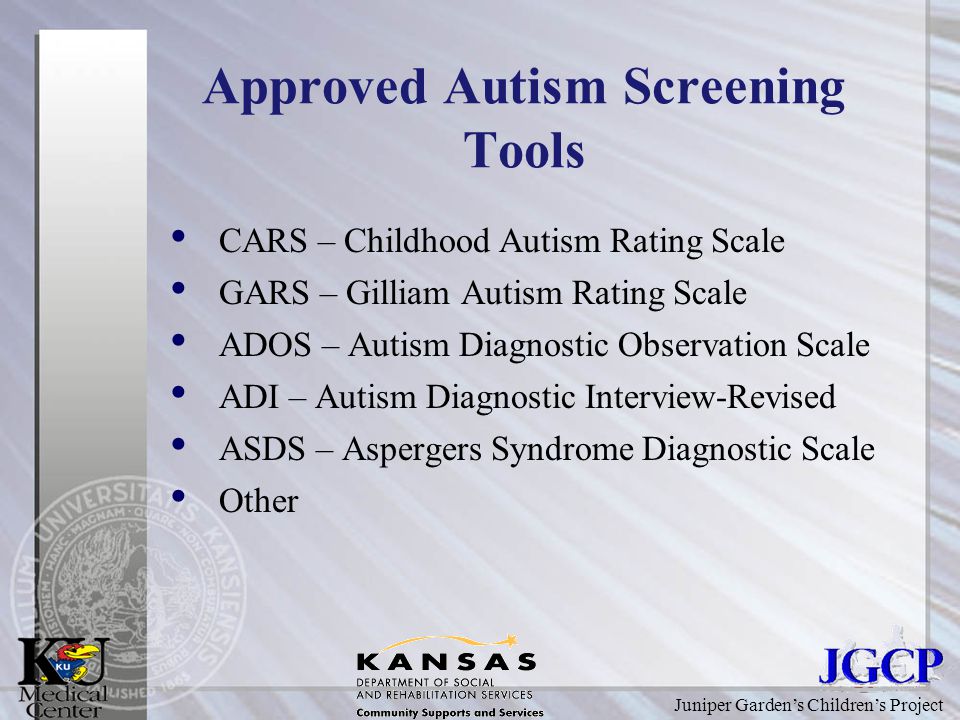 Juniper Garden’s Children’s Project Approved Autism Screening Tools CARS – Childhood Autism Rating Scale GARS – Gilliam Autism Rating Scale ADOS – Autism Diagnostic Observation Scale ADI – Autism Diagnostic Interview-Revised ASDS – Aspergers Syndrome Diagnostic Scale Other