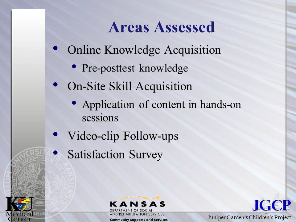 Juniper Garden’s Children’s Project Areas Assessed Online Knowledge Acquisition Pre-posttest knowledge On-Site Skill Acquisition Application of content in hands-on sessions Video-clip Follow-ups Satisfaction Survey