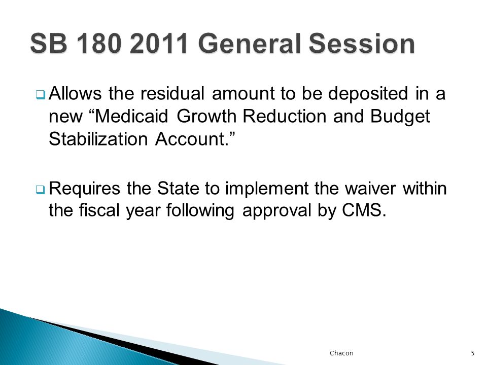  Allows the residual amount to be deposited in a new Medicaid Growth Reduction and Budget Stabilization Account.  Requires the State to implement the waiver within the fiscal year following approval by CMS.