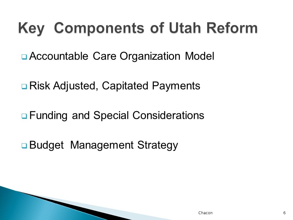  Accountable Care Organization Model  Risk Adjusted, Capitated Payments  Funding and Special Considerations  Budget Management Strategy 6Chacon