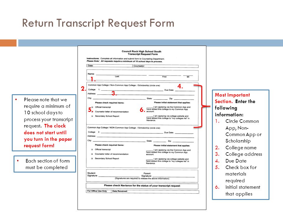 Return Transcript Request Form Please note that we require a minimum of 10 school days to process your transcript request.