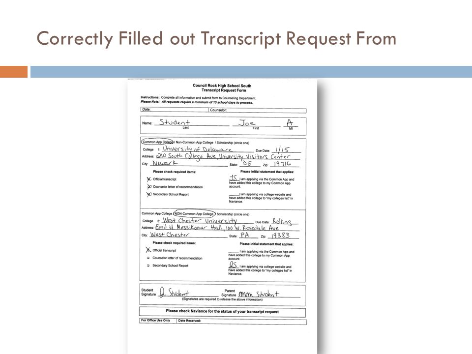 Correctly Filled out Transcript Request From