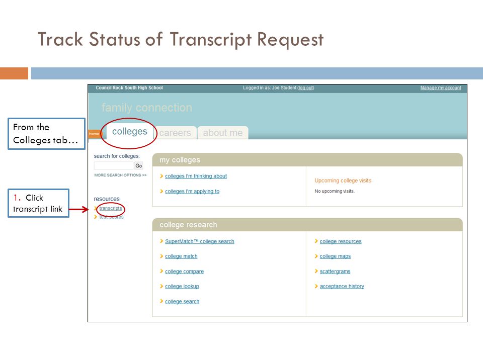 Track Status of Transcript Request From the Colleges tab… 1. Click transcript link
