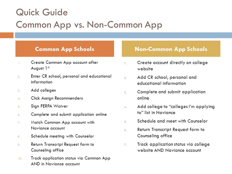 Quick Guide Common App vs. Non-Common App 1. Create Common App account after August 1 st 2.
