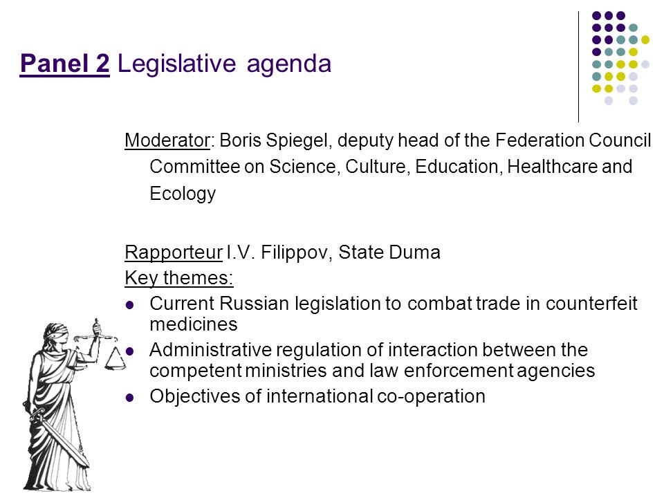 Panel 2 Legislative agenda Moderator: Boris Spiegel, deputy head of the Federation Council Committee on Science, Culture, Education, Healthcare and Ecology Rapporteur I.V.