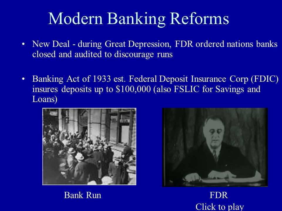 Modern Banking Reforms New Deal - during Great Depression, FDR ordered nations banks closed and audited to discourage runs Banking Act of 1933 est.